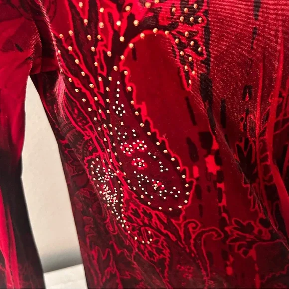 Carole Little Vibrant Red Patterned Vintage Holiday Y2K Velvet Beaded Blouse Top - Picture 3 of 7